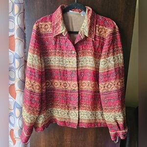 Alfred Dunner Red and Tan Patterned Button-Front Blouse Size 14
